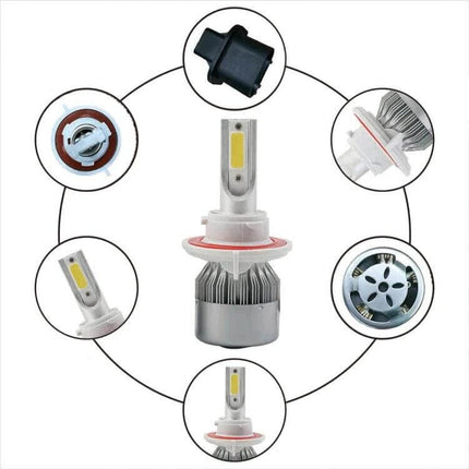 H13 LED Headlight Waterproof IP68 for Cars 2 Lamp Set showing LED bulb, heat sink, connector and mounting components