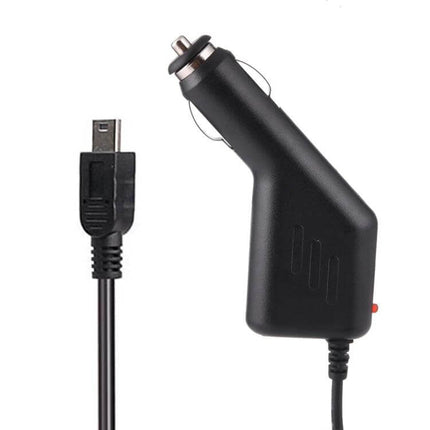 Universal Car Charger for GPS and Car DVR Devices - black cigarette lighter plug with cord and mini-USB connector, durable hard plastic design