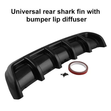 Universal Black Shark Fin Style Car Rear Bumper Lip Diffuser installed on vehicle rear for sleek aerodynamic styling