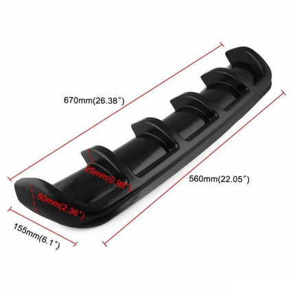 Universal Black Shark Fin Style Car Rear Bumper Lip Diffuser shown in matte black with measurements and multi-fin design for streamlined rear profile