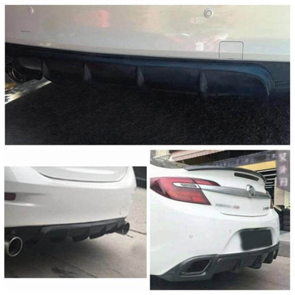 Universal Black Shark Fin Style Car Rear Bumper Lip Diffuser installed on white sedan rear for streamlined aerodynamic look