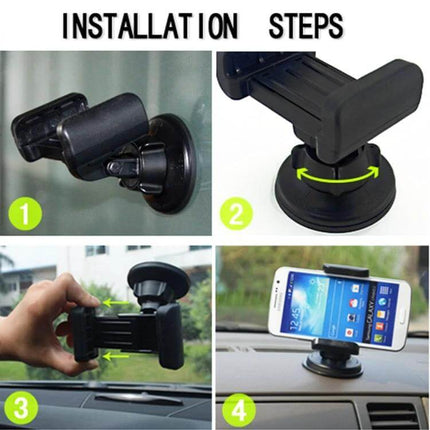 Universal Car Suction Cup Phone Holder for 68-80mm Devices showing installation steps on windshield and dashboard with smartphone mounted