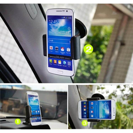 Universal Car Suction Cup Phone Holder for 68-80mm Devices mounted on car windshield holding smartphone for hands-free navigation and calls