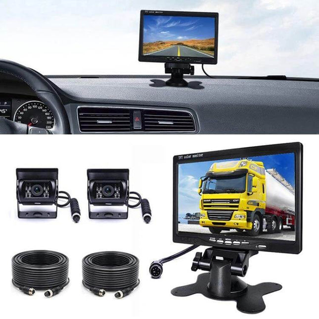 7 Inch Dual Camera Car Rearview Mirror for Driving Safety and Parking Assistance mounted on dashboard showing dual cameras, cables and 7-inch HD monitor
