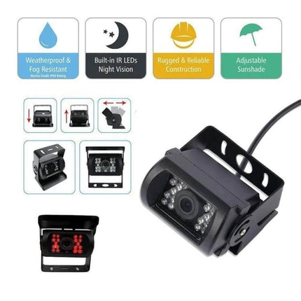 7 Inch Dual Camera Car Rearview Mirror for Driving Safety and Parking Assistance showing dual IR cameras, sunshade, rugged bracket and weatherproof icons