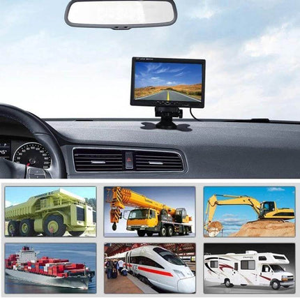 7 Inch Dual Camera Car Rearview Mirror for Driving Safety and Parking Assistance mounted on dashboard showing HD screen and vehicle camera views