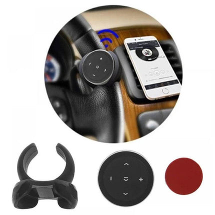 Car Wireless Bluetooth Steering Wheel Remote Controller With Holder compact round Bluetooth media remote mounted on steering wheel with phone nearby