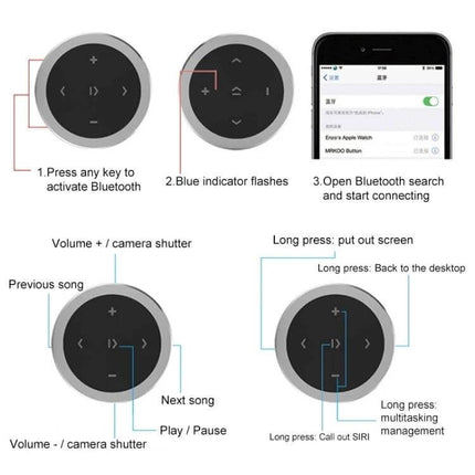 Car Wireless Bluetooth Steering Wheel Remote Controller With Holder round multi-function Bluetooth media control button with holder mounted on steering wheel and phone pairing instructions