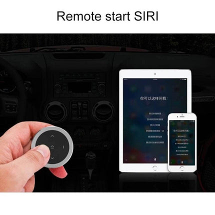 Car Wireless Bluetooth Steering Wheel Remote Controller With Holder - compact round Bluetooth remote shown in hand controlling media and Siri on tablet and phone in car