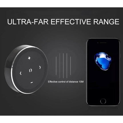 Car Wireless Bluetooth Steering Wheel Remote Controller With Holder compact round Bluetooth media controller with holder shown next to smartphone, 10m range