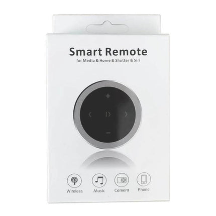 Car Wireless Bluetooth Steering Wheel Remote Controller With Holder in white retail packaging showing circular smart remote and icons