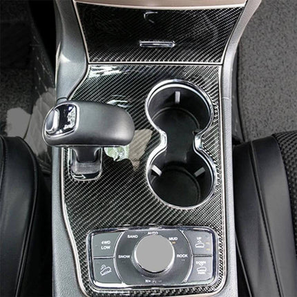 Carbon Fiber Decorative Stickers for Jeep Grand Cherokee 2014-2015 applied to center console cup holders and dashboard trim