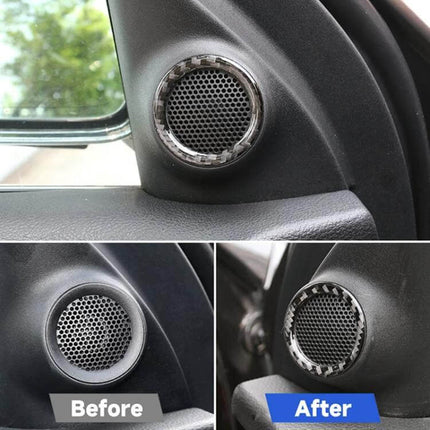 Carbon Fiber Decorative Stickers for Jeep Grand Cherokee Rear Horn applied to small speaker housing showing before and after carbon fiber trim