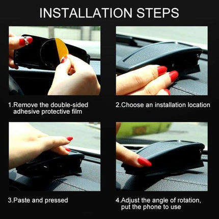 Stone Pattern Car Mount Holder for 4 to 6.5 Inch Phones installation steps showing adhesive removal, placement on dashboard, pressing and angle adjustment