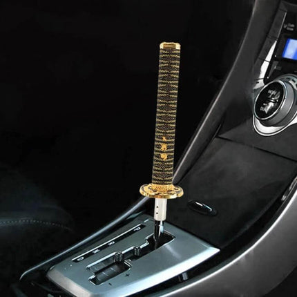 Universal Samurai Shaped Gear Shift Knob, 31.5cm Length installed in car center console, metal and polyester samurai handle for improved grip and style
