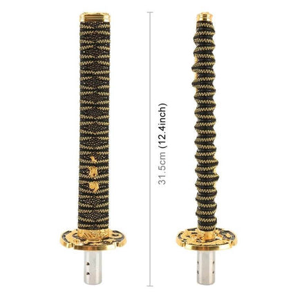 Alt Tag: Universal Samurai Shaped Gear Shift Knob, 31.5cm Length - black and gold braided samurai handle for car manual transmission, metal and polyester