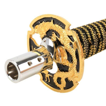 Universal Samurai Shaped Gear Shift Knob, 31.5cm Length - gold dragon metal and polyester handle close-up showing tsuba guard and threaded adapter