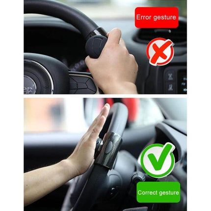 Universal Car Steering Wheel Spinner Knob in Black for Easy Driving Assistance showing correct and incorrect hand gestures for safe use