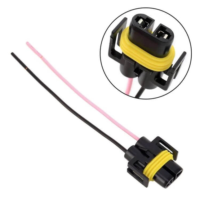 H11 Bulb Holder Base Socket With Wire For LED Headlights - black plastic socket with pink and black wires, yellow sealing gasket