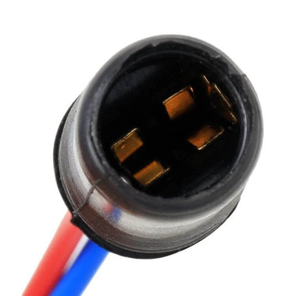 Universal LED Bulb Holder Base With Wire For Car Lights - close-up of 3-pin plastic adapter with red and blue wires
