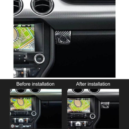 Decorative Sticker for Ford Mustang Copilot Storage Box Button - carbon fiber style dashboard accent, before and after installation