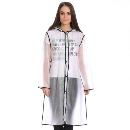 Waterproof EVA Poncho Raincoat with Transparent Brim, Size L - clear long EVA raincoat with hood and black trim for hiking cycling and everyday use
