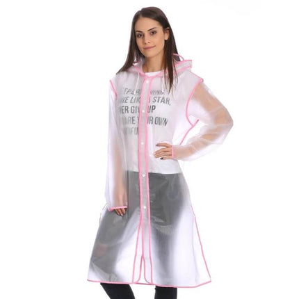 Pink Waterproof Poncho Raincoat with Transparent Brim for Outdoors, Size L modeled by woman in clear pink-trimmed hooded raincoat