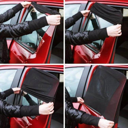 Two-Piece Car Side Window Sun Shade for Blocking Sun, 92x54cm installed on red car side window showing two-piece black mesh shades