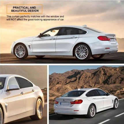 Two-Piece Car Side Window Sun Shade for Blocking Sun, 92x54cm fitted on white sedan showing side and rear views