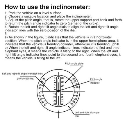 Car Inclinometer for Safer Driving on Sloped Roads — diagram showing pitch angle plate, indicators, and step-by-step usage instructions