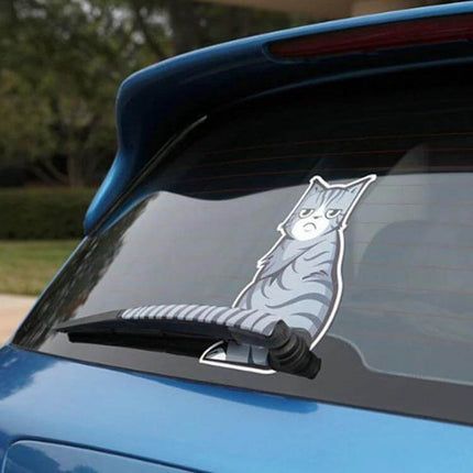 Self-Adhesive Reflective Cat Tail Decal for Vehicle Windshields on rear window showing grey cat tail sticker behind wiper for night visibility