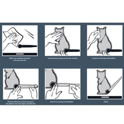 Self-Adhesive Reflective Cat Tail Decal for Vehicle Windshields applied on rear window with step-by-step installation instructions