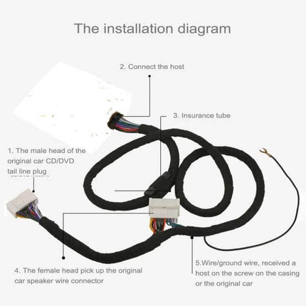 Extended Wiring Harness for Volkswagen Vehicles and More — installation diagram showing color-coded connectors, male/female plugs and ground wire