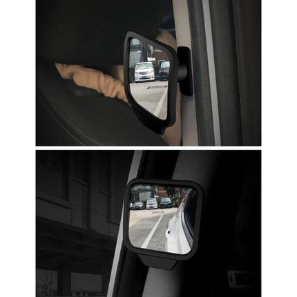 Adjustable Wide Angle Blind Spot Rear View Mirror for Vehicles attached to car mirror showing expanded view for safer lane changes and parking