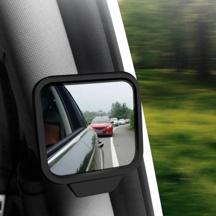 Adjustable Wide Angle Blind Spot Rear View Mirror for Vehicles attached to car mirror showing cars in blind spot