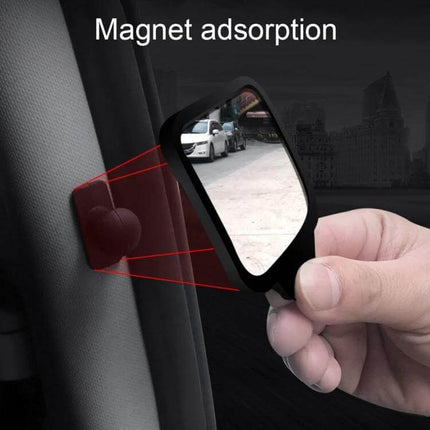 Adjustable Wide Angle Blind Spot Rear View Mirror for Vehicles attached with magnet adsorption showing wider view for safer lane changes and parking