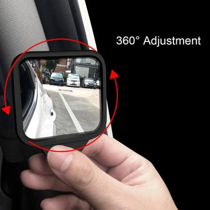 Adjustable Wide Angle Blind Spot Rear View Mirror for Vehicles attached to car mirror showing expanded side view and 360° adjustment