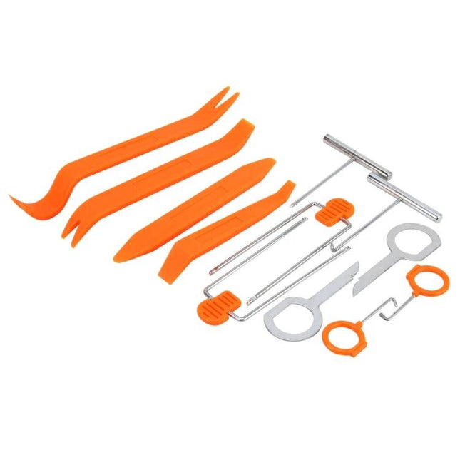 Essential Tool Kit for Home Car Audio System Repairs orange plastic pry and metal removal tools for dashboard and speaker installation