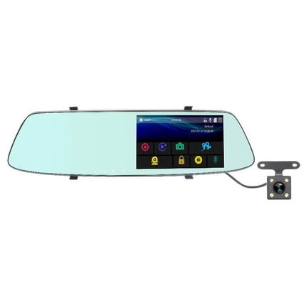 Rear View Mirror Dash Cam with Touch Screen for Safe Driving shown installed with touchscreen display and rear camera monitoring