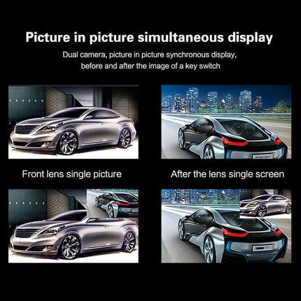 Rear View Mirror Dash Cam with Touch Screen for Safe Driving showing picture-in-picture front and rear camera views for parking and driving safety