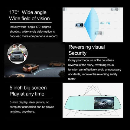 Rear View Mirror Dash Cam with Touch Screen for Safe Driving showing 170° wide angle, reversing visual security and 5-inch screen