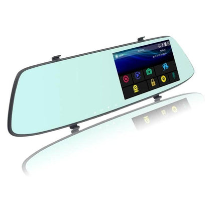 Rear View Mirror Dash Cam with Touch Screen for Safe Driving mounted on mirror showing touchscreen icons and reflective glass