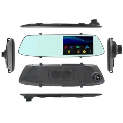 Rear View Mirror Dash Cam with Touch Screen for Safe Driving showing touchscreen display and rear camera assembly