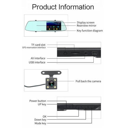 Rear View Mirror Dash Cam with Touch Screen for Safe Driving showing display, TF card, USB/AV ports, rear camera and button layout