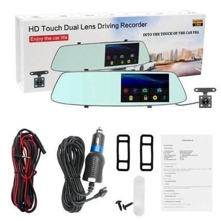 Rear View Mirror Dash Cam with Touch Screen for Safe Driving — dual-lens HD touch mirror recorder kit with rear camera and accessories