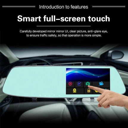 Rear View Mirror Dash Cam with Touch Screen for Safe Driving showing smart full-screen touch interface and rearview recording features