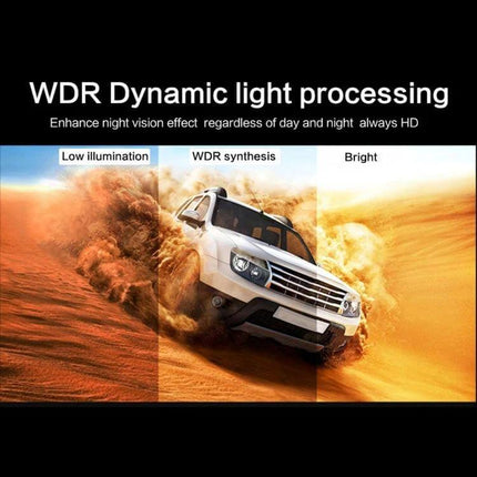 Rear View Mirror Dash Cam with Touch Screen for Safe Driving showing WDR dynamic light processing split image of car in low, WDR, and bright modes
