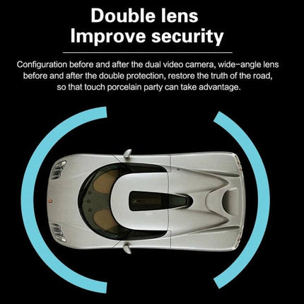 Rear View Mirror Dash Cam with Touch Screen for Safe Driving showing double lens wide-angle coverage capturing front and rear of parked car
