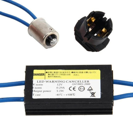 Canbus Error Canceller For Car Headlights And Indicator Lights compact LED warning canceller module with blue wires and bulb sockets