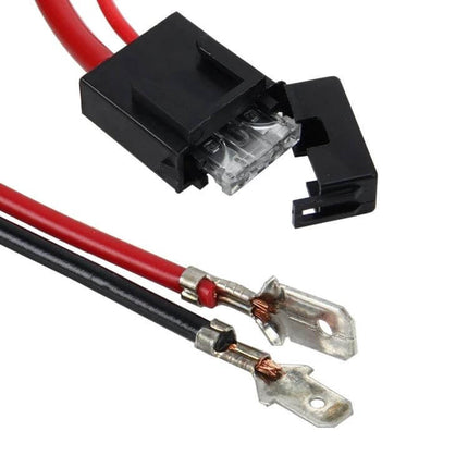 DC 12V H1 HID Xenon Headlight Wiring Harness With Relay close-up of red and black wires, fuse holder and spade terminals